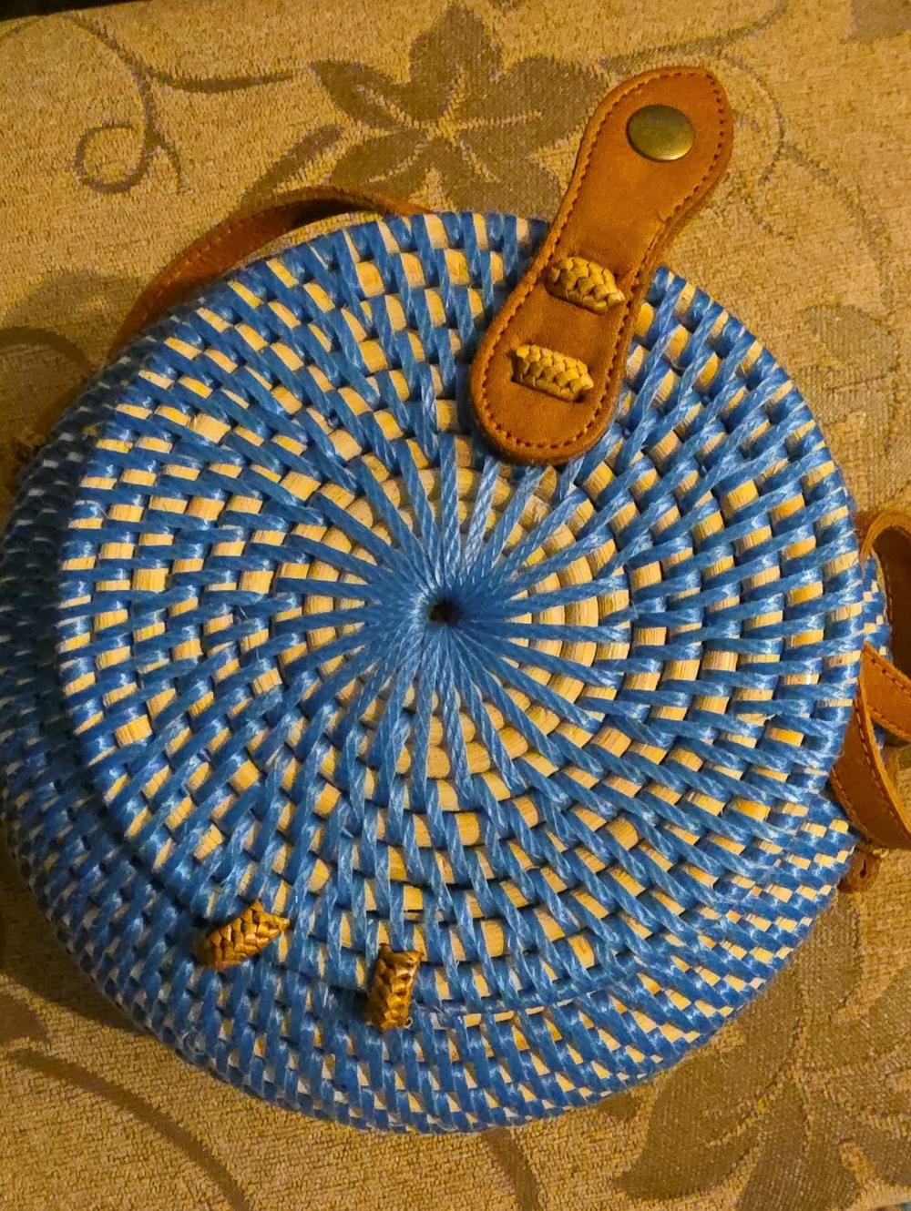 Round Blue Woven Crossbody Bag with Tan Leather Accents